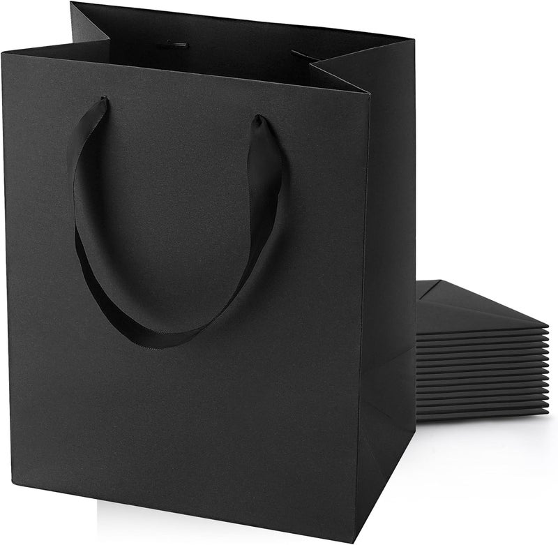MOXARYSU Black Gift Bags With Handles: 8x5x10 Inch 15pcs Black Paper Bags Medium Bulk For Party Shopping Birthday Wedding (M,15) - Image 1